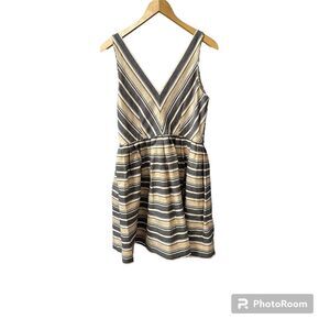 J Crew Womens Dress Black Gold Metallic Striped A-Line V-Neck NWT $138 Size 12
